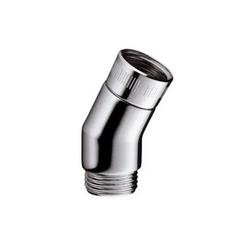 Chromfarbener Adapter von Hansgrohe mit schräger Form, geeignet für die Verbindung einer Handbrause mit einem passenden System. Gewindeverbindung unten und oben.